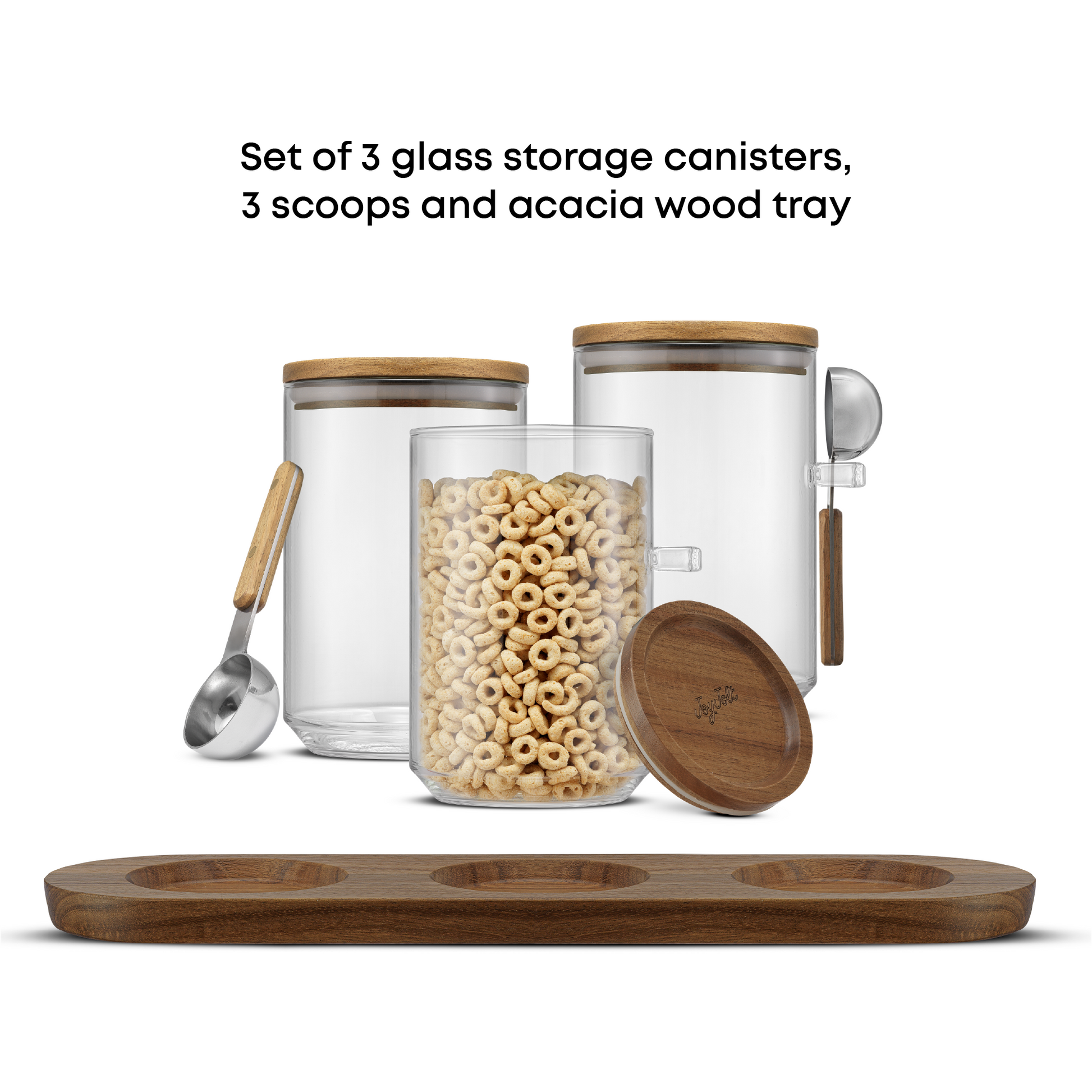 Set of 3 glass storage canisters with wooden lids, 3 scoops, and an acacia wood tray on a white background.