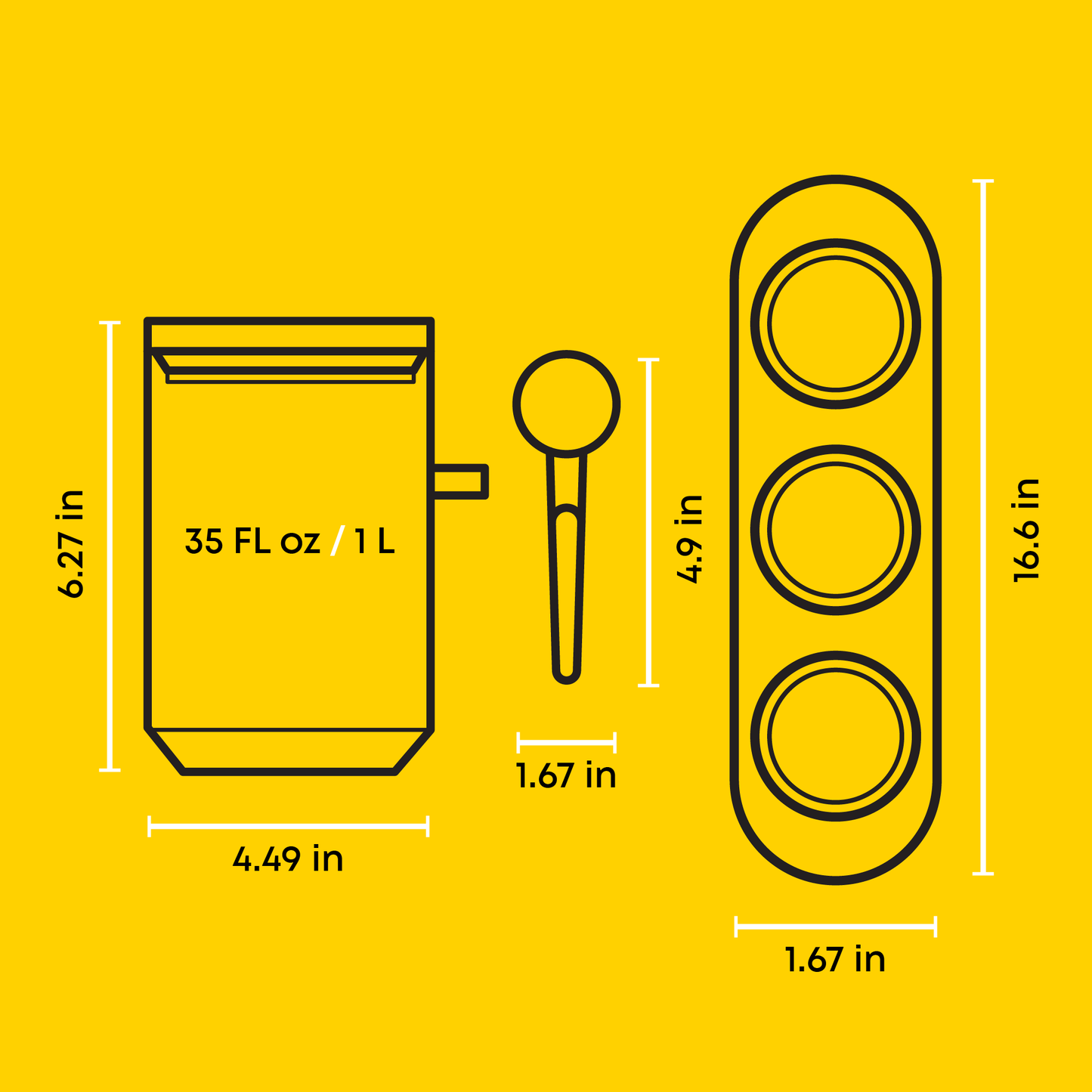 Illustration of a container, spoon, and tray with dimensions on a yellow background