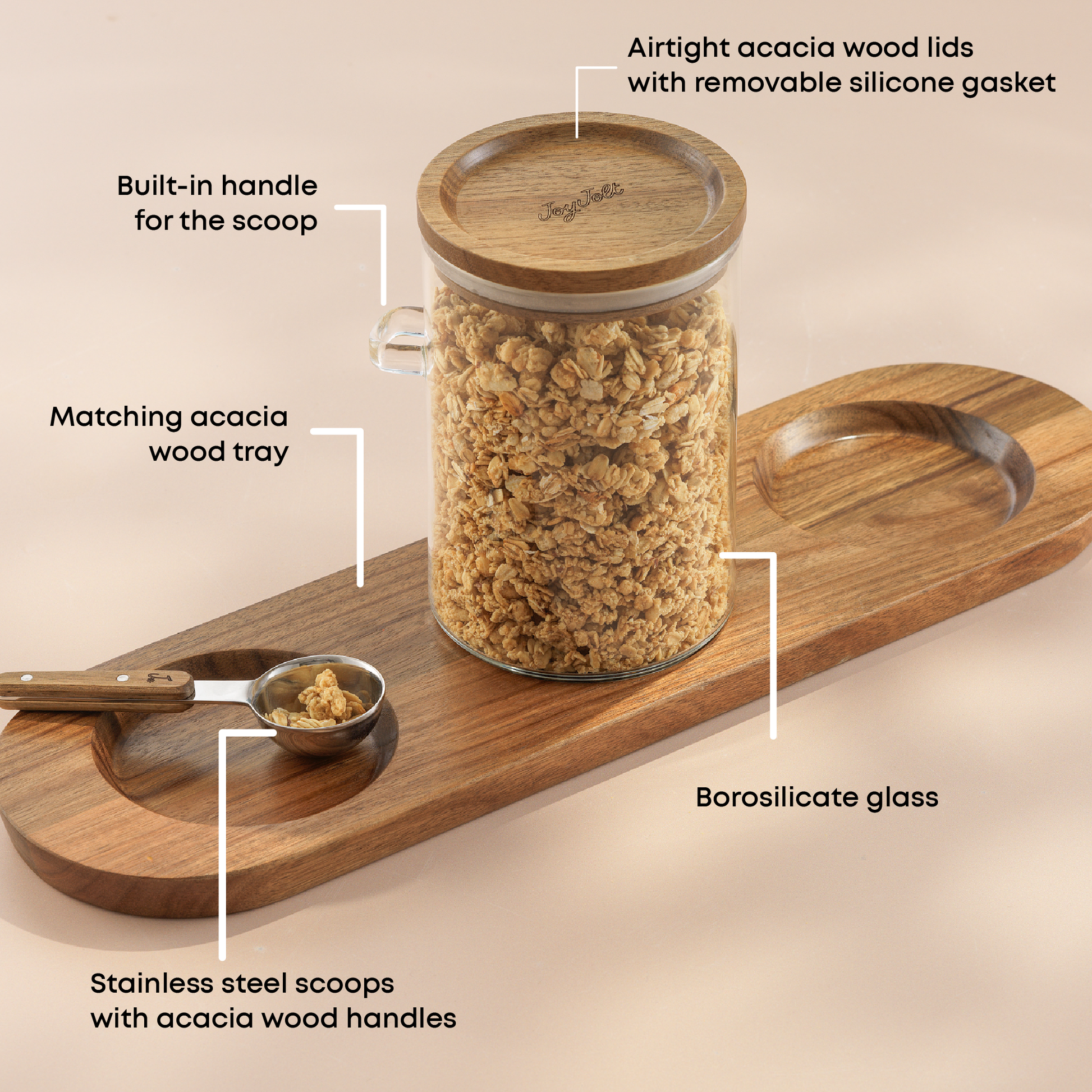 Wooden canister with acacia wood lid, tray, and scoop on a beige background with text:
"airtight acacia wood lids, build in handle for the scoop, borosilicate glass, matching acacia wood tray, stainless steel scoops with acacia wood handles"
