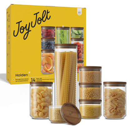 Set of glass canisters with a yellow packaging JoyJolt box in the background