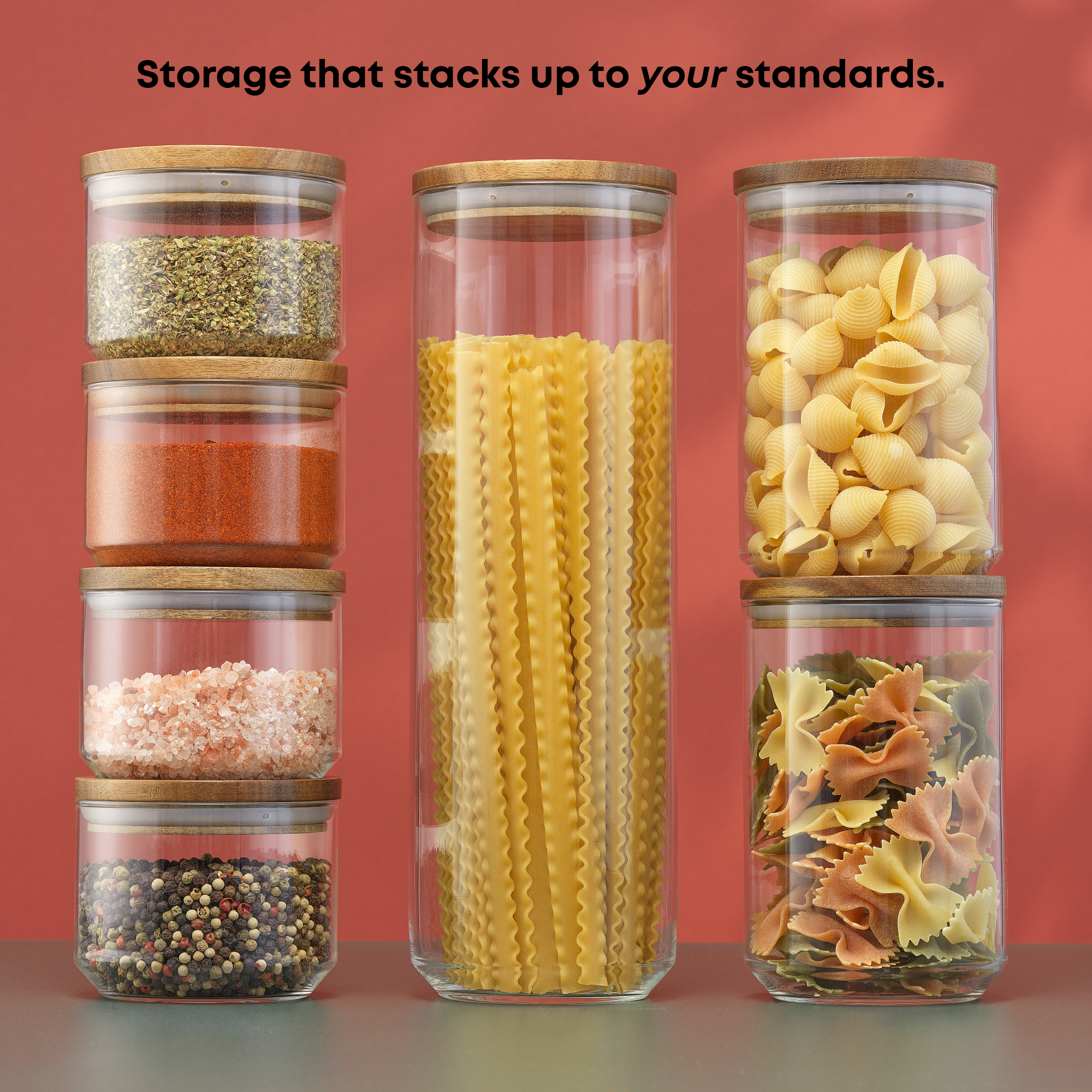 Holden 7-Piece Stackable Glass Storage Canister Set with Wood Lids