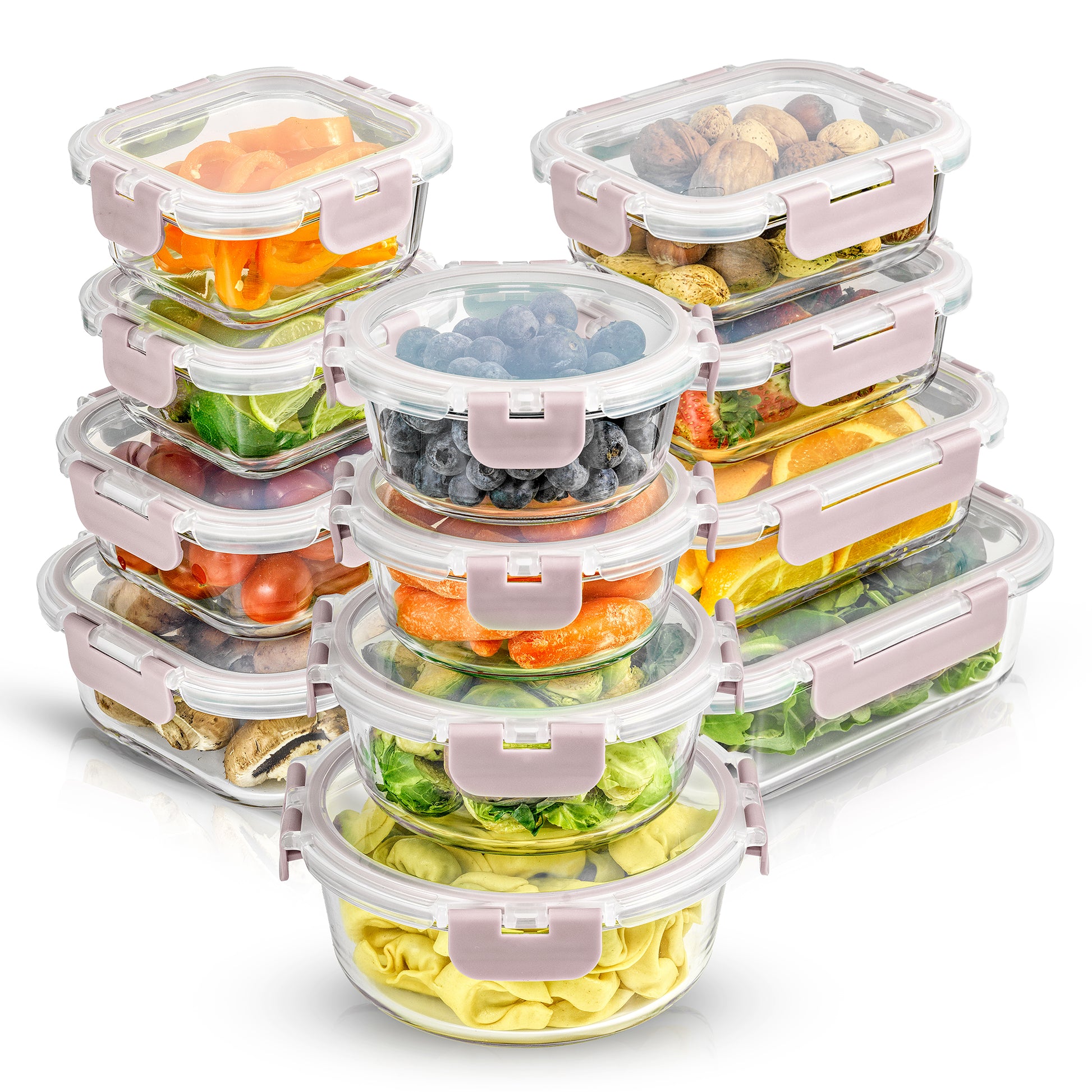 A set of 12 borosilicate glass storage containers with airtight plastic lids in various rectangle, square, and round shapes, displayed with food inside to showcase the containers' capacity and design.