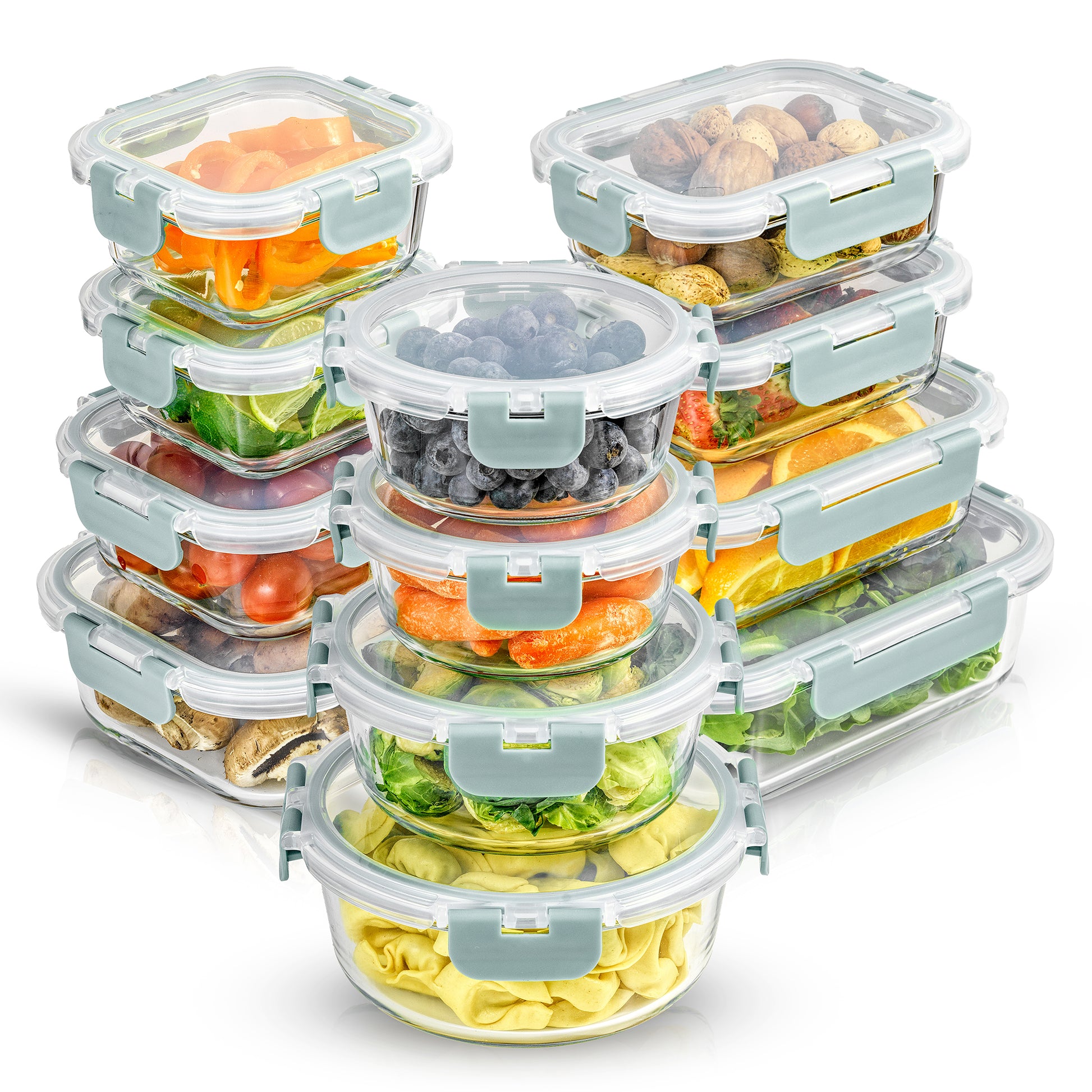 A set of 12 borosilicate glass storage containers with airtight plastic lids in various rectangle, square, and round shapes, displayed with food inside to showcase the containers' capacity and design.