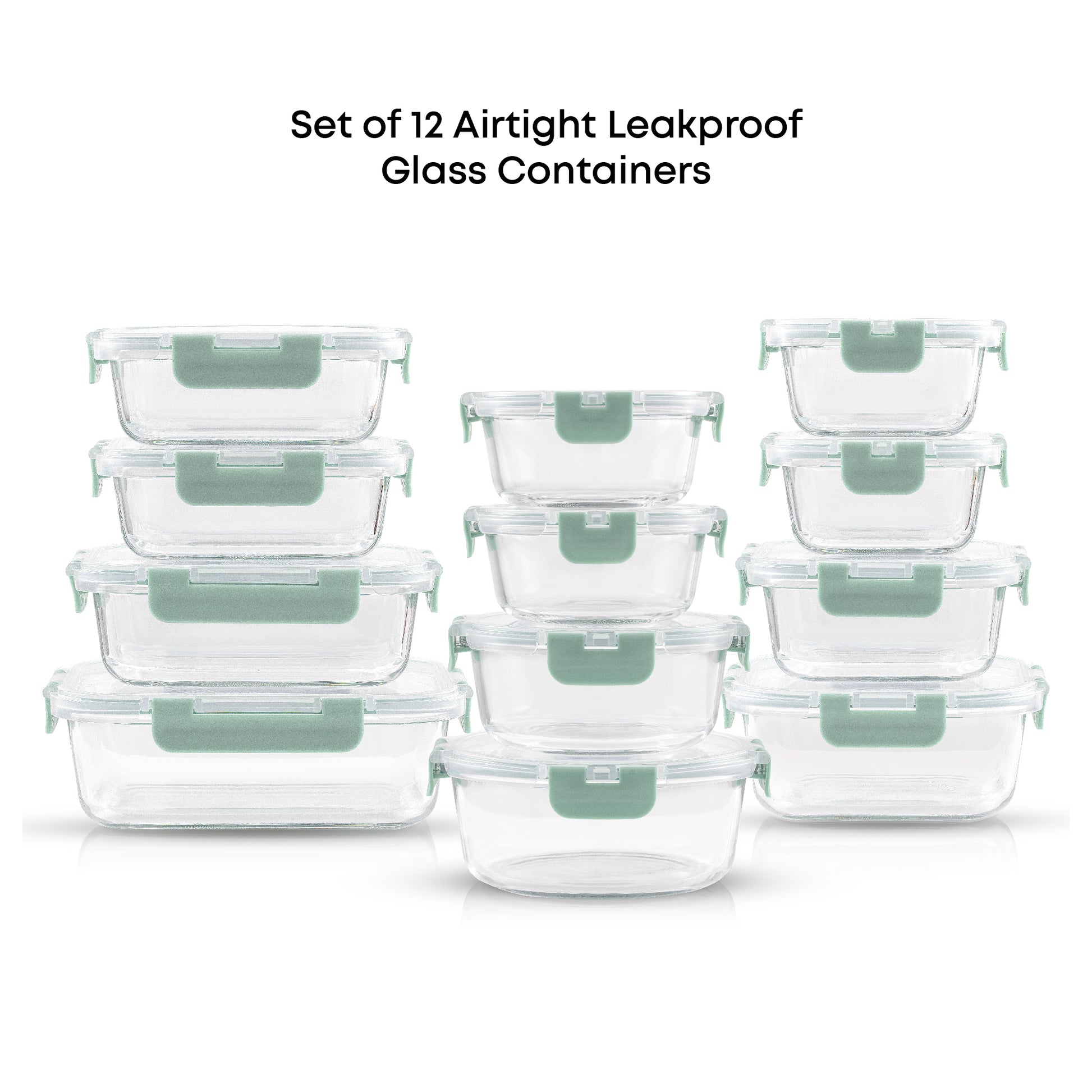 Set of 12 airtight leakproof glass containers with sage green lids on a white background