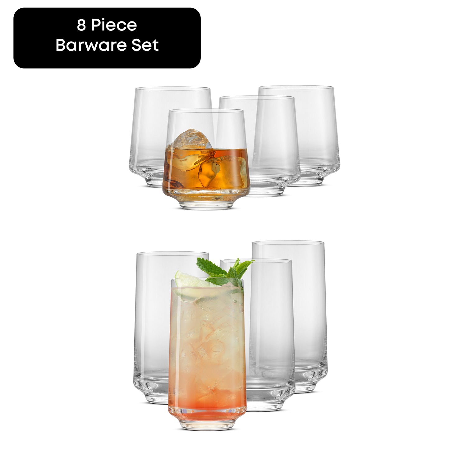 8-piece barware set with glasses containing drinks on a white background