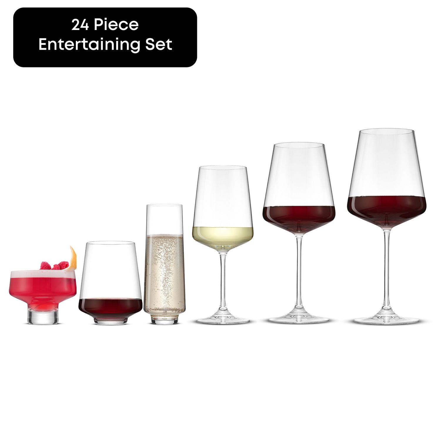 Set of 24-piece entertaining glasses with various drinks on a white background