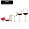 Set of 24-piece entertaining glasses with various drinks on a white background