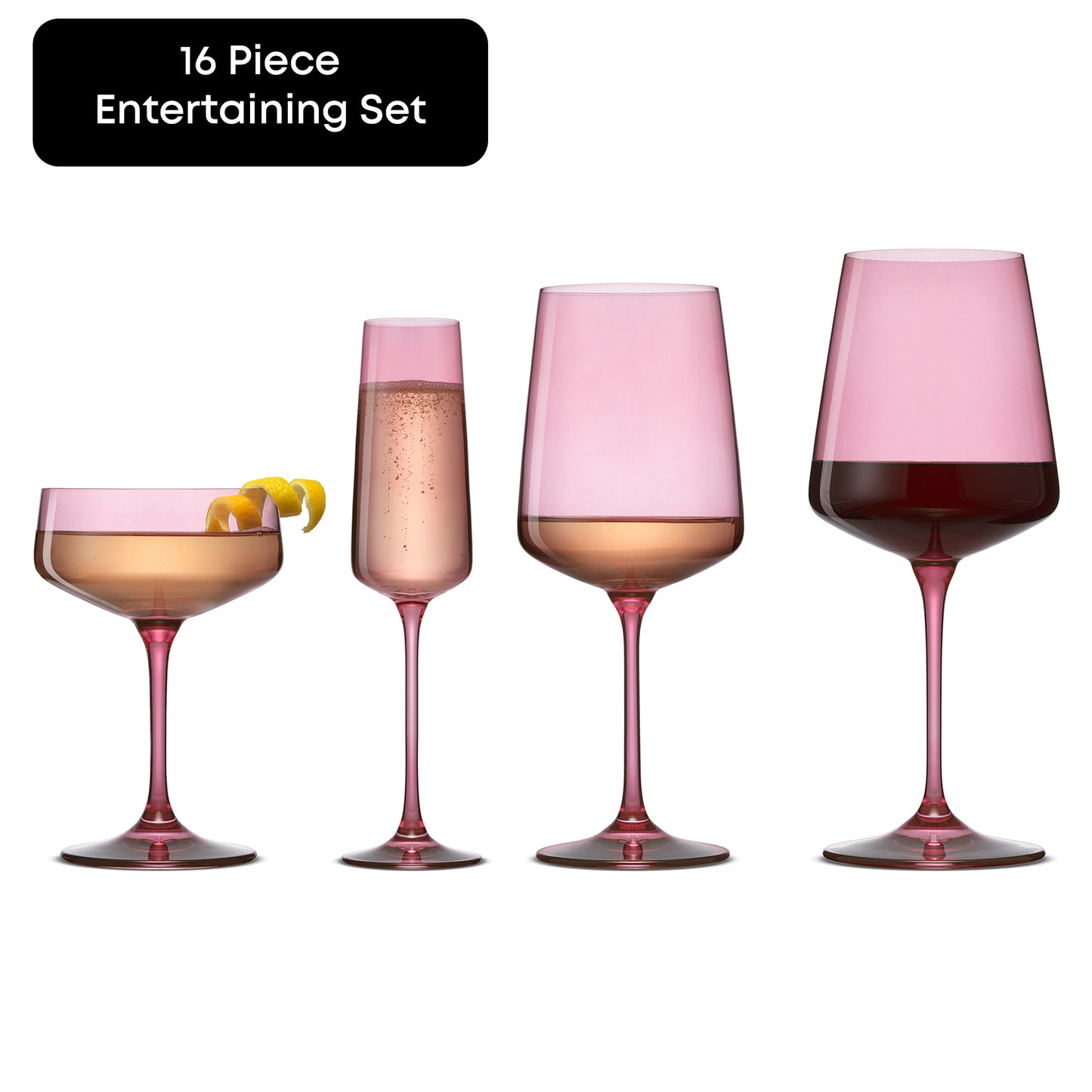 Set of four pink stemmed glasses with different drinks on a white background, labeled '16 Piece Entertaining Set'.