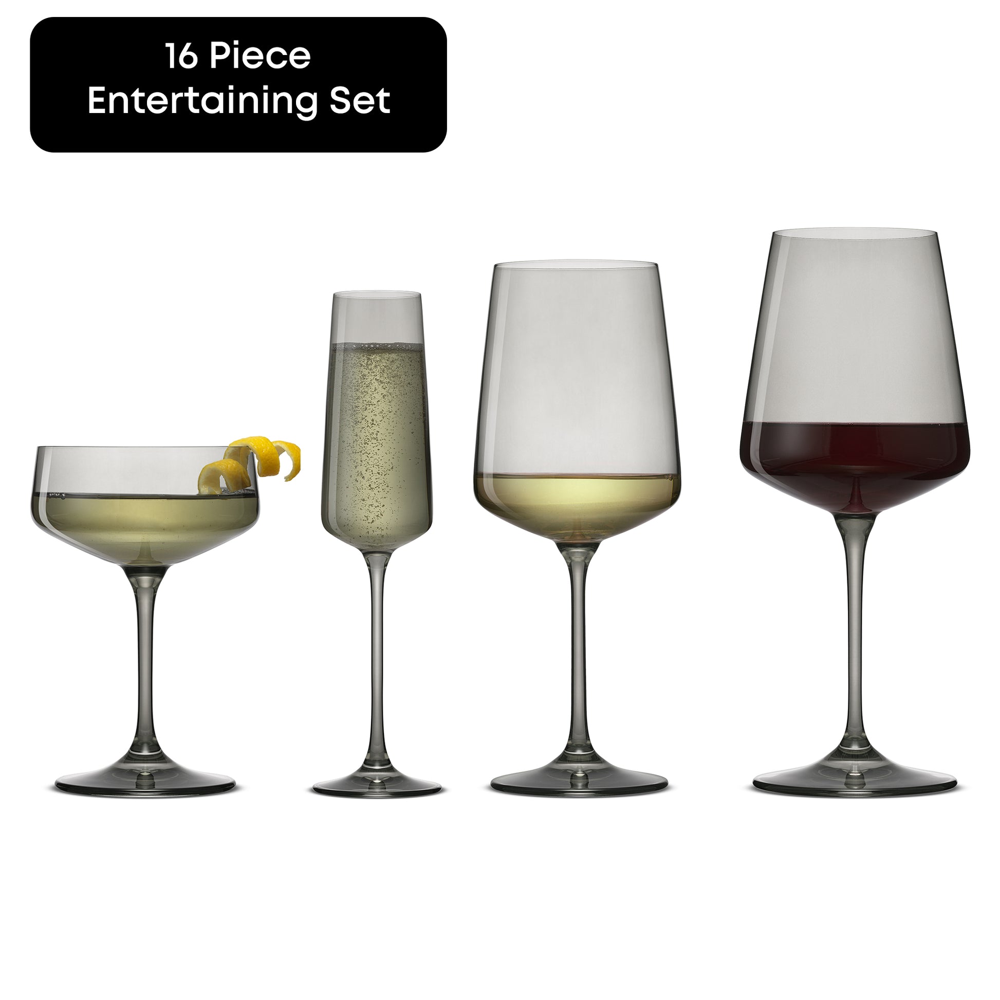 Four grey colored stemmed glasses with different drinks on a white background, labeled as part of a 16-piece entertaining set.