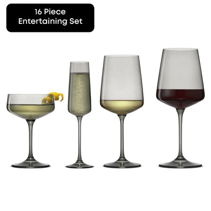 Four grey colored stemmed glasses with different drinks on a white background, labeled as part of a 16-piece entertaining set.