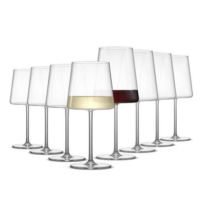 Set of 8 Aura crystal red and white wine glasses with modern tapered bowls and long stems.