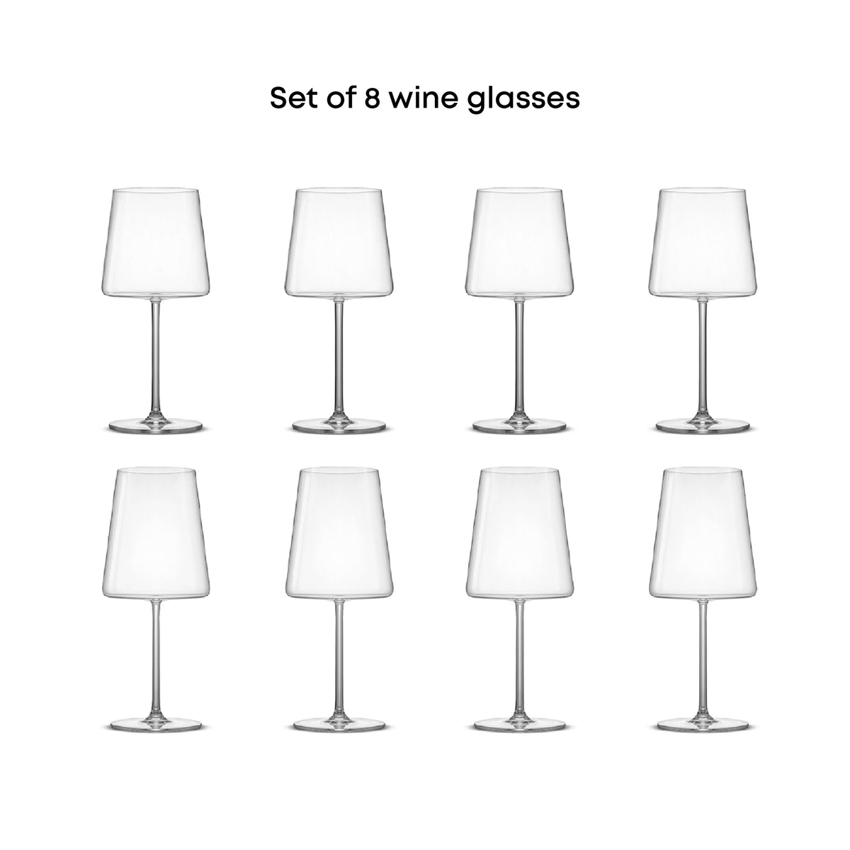 Eight-piece crystal wine glass set featuring four red wine glasses and four white wine glasses.