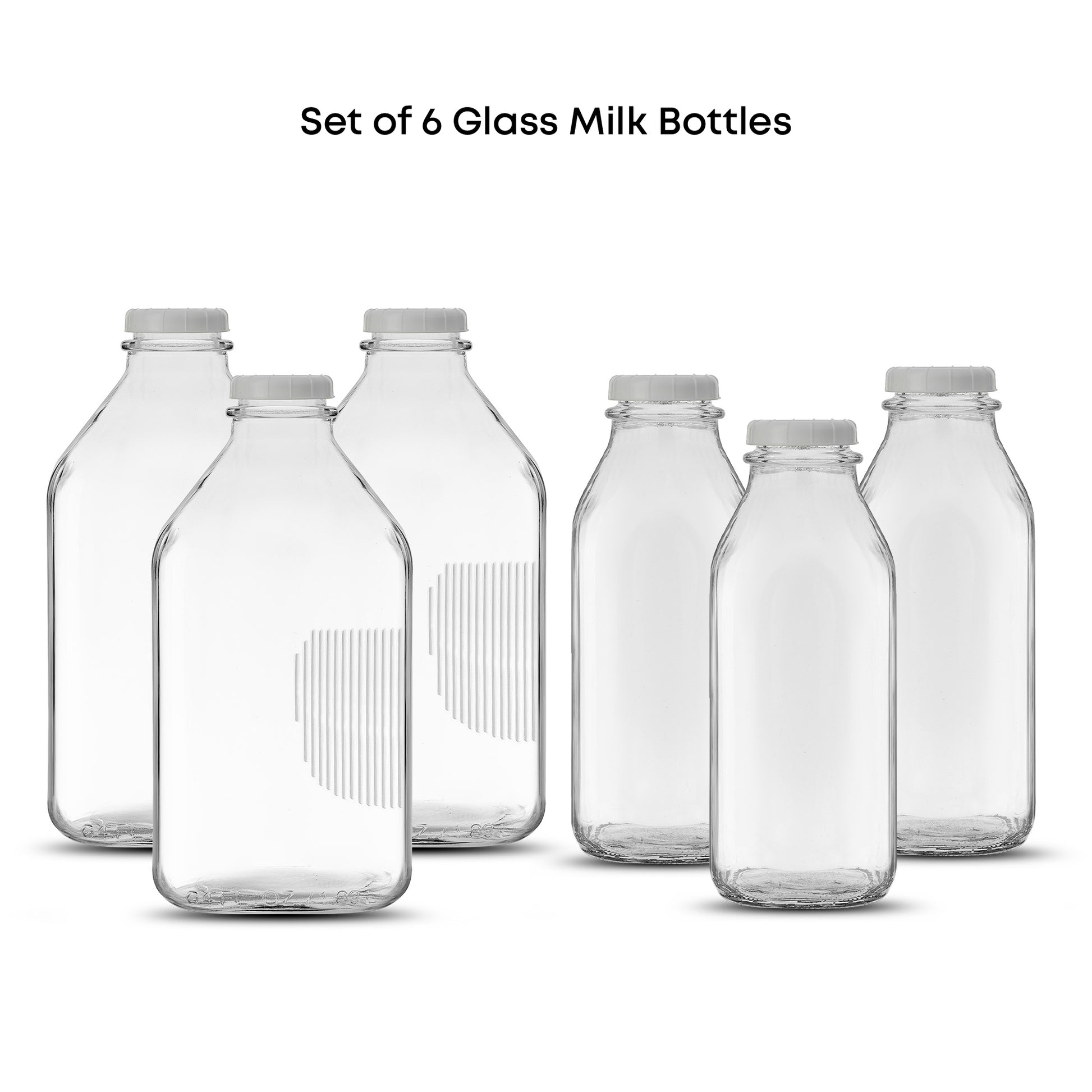 Six clear glass milk bottles with white caps arranged in two rows on a white background