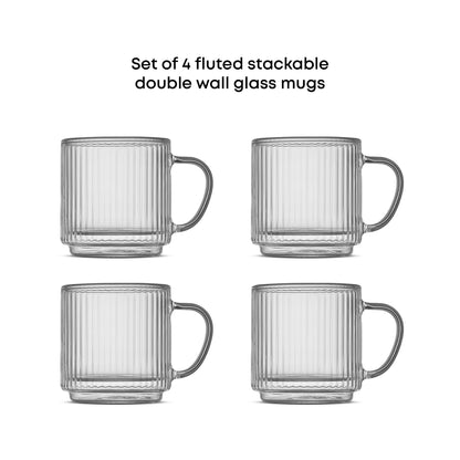 Set of 4 fluted stackable double wall glass mugs on a white background with black text reading 'Set of 4 fluted stackable double wall glass mugs'.