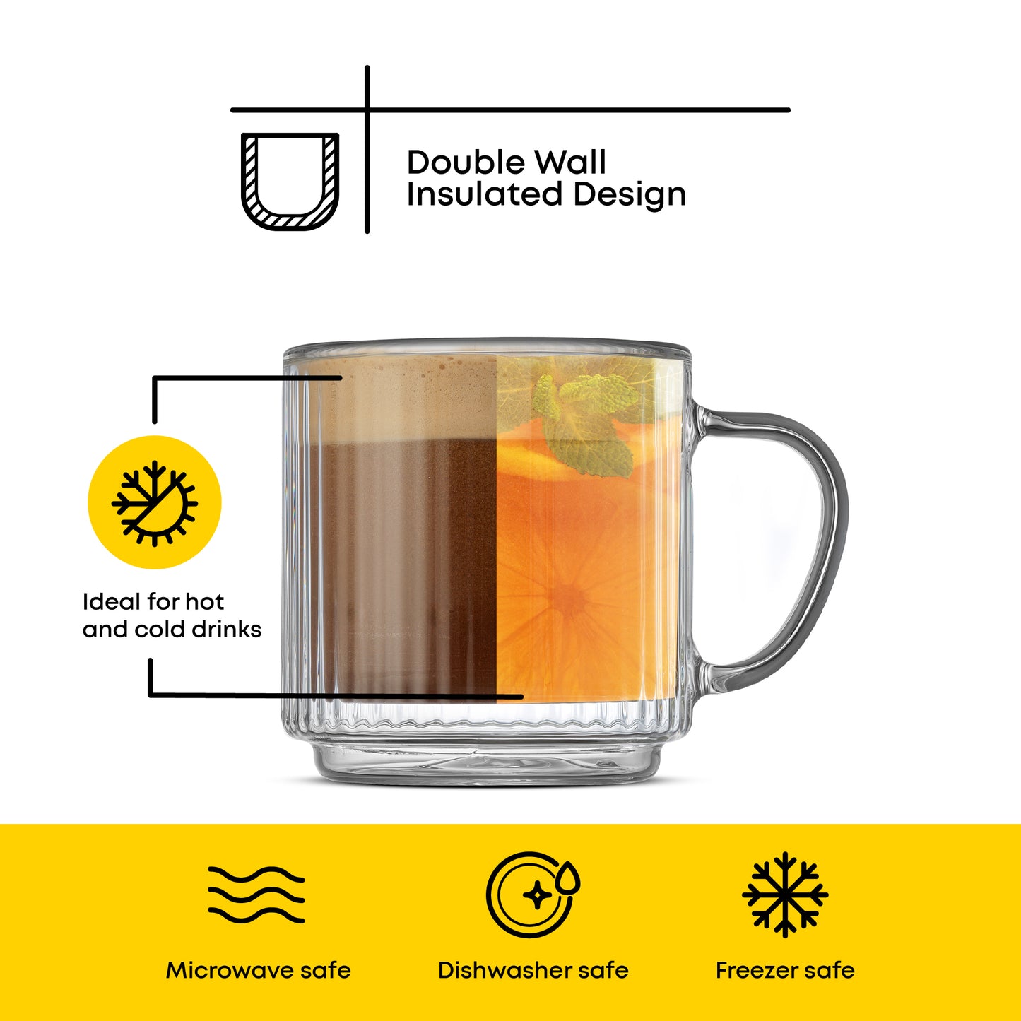 Clear glass mug with double wall insulated design, showing hot and cold drinks, on a white background.