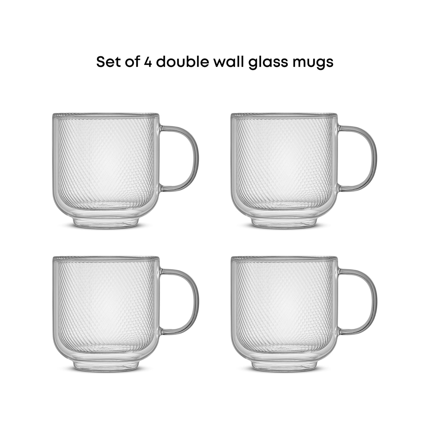 Set of 4 double wall glass mugs with a textured diamond pattern, arranged in a 2x2 grid on a white background with the text 'Set of 4 double wall glass mugs' above them.