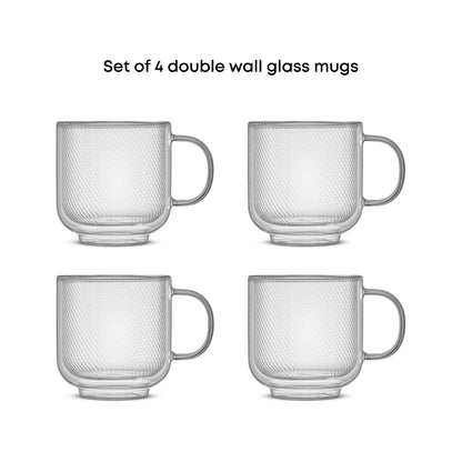 Set of 4 double wall glass mugs with a textured diamond pattern, arranged in a 2x2 grid on a white background with the text 'Set of 4 double wall glass mugs' above them.