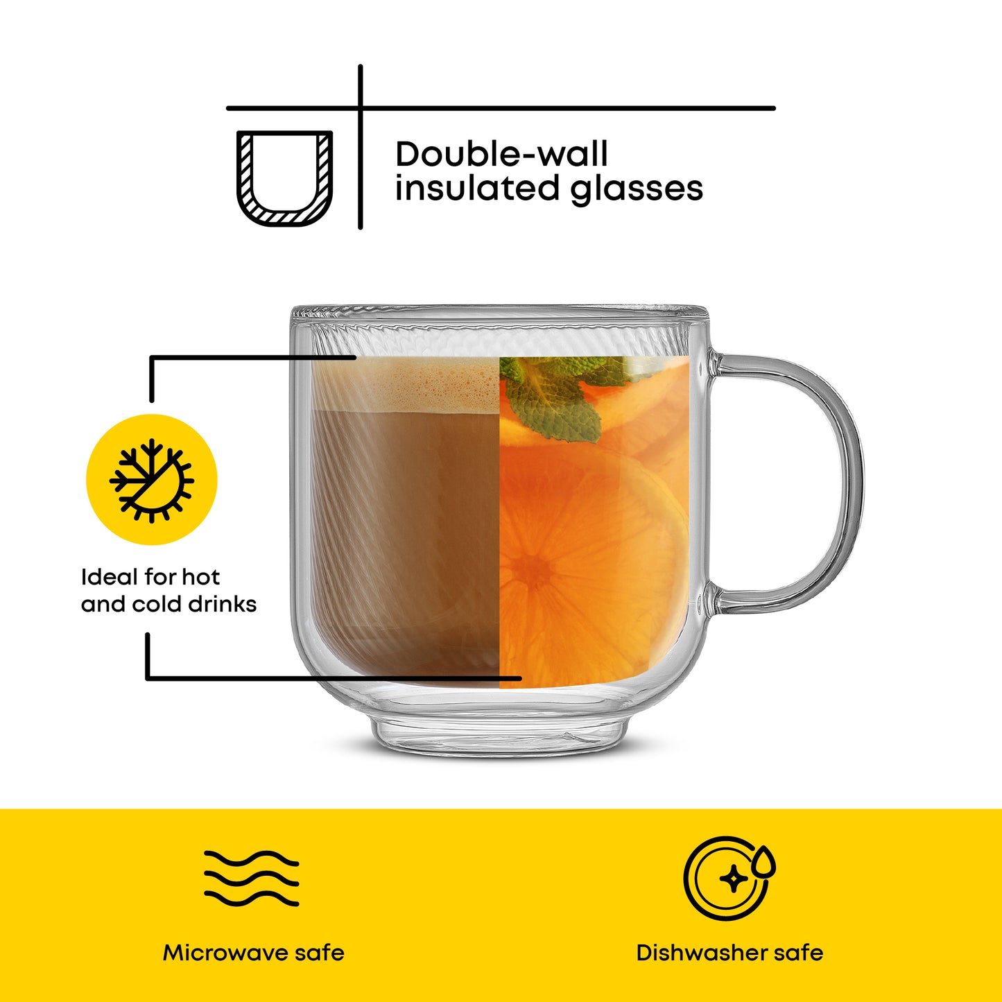 Double-wall insulated glass mug with a handle, shown on a white background with feature callouts: double-wall insulation, ideal for hot and cold drinks, microwave safe, and dishwasher safe.