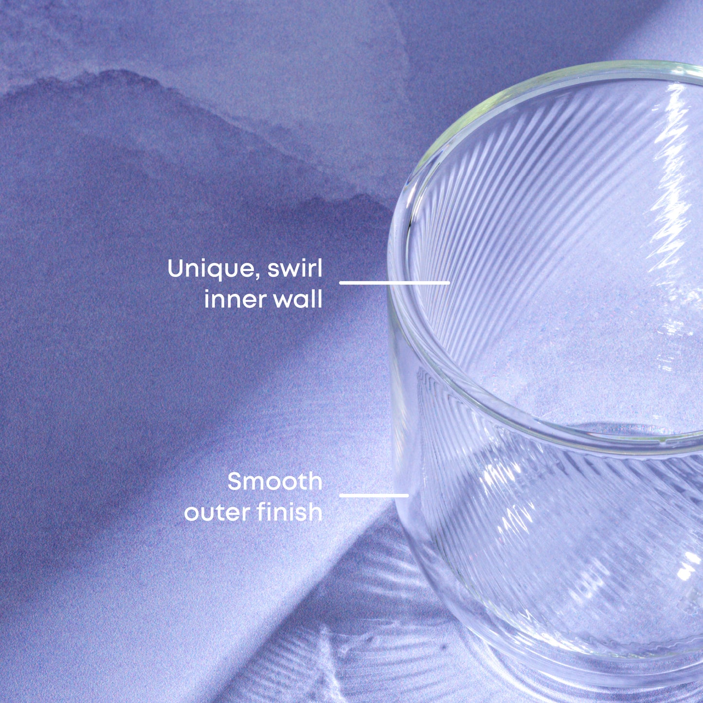 A close-up of a clear glass mug with a ribbed swirl inner wall and smooth outer finish, shown against a soft lavender-blue background with white text labels pointing to the design.