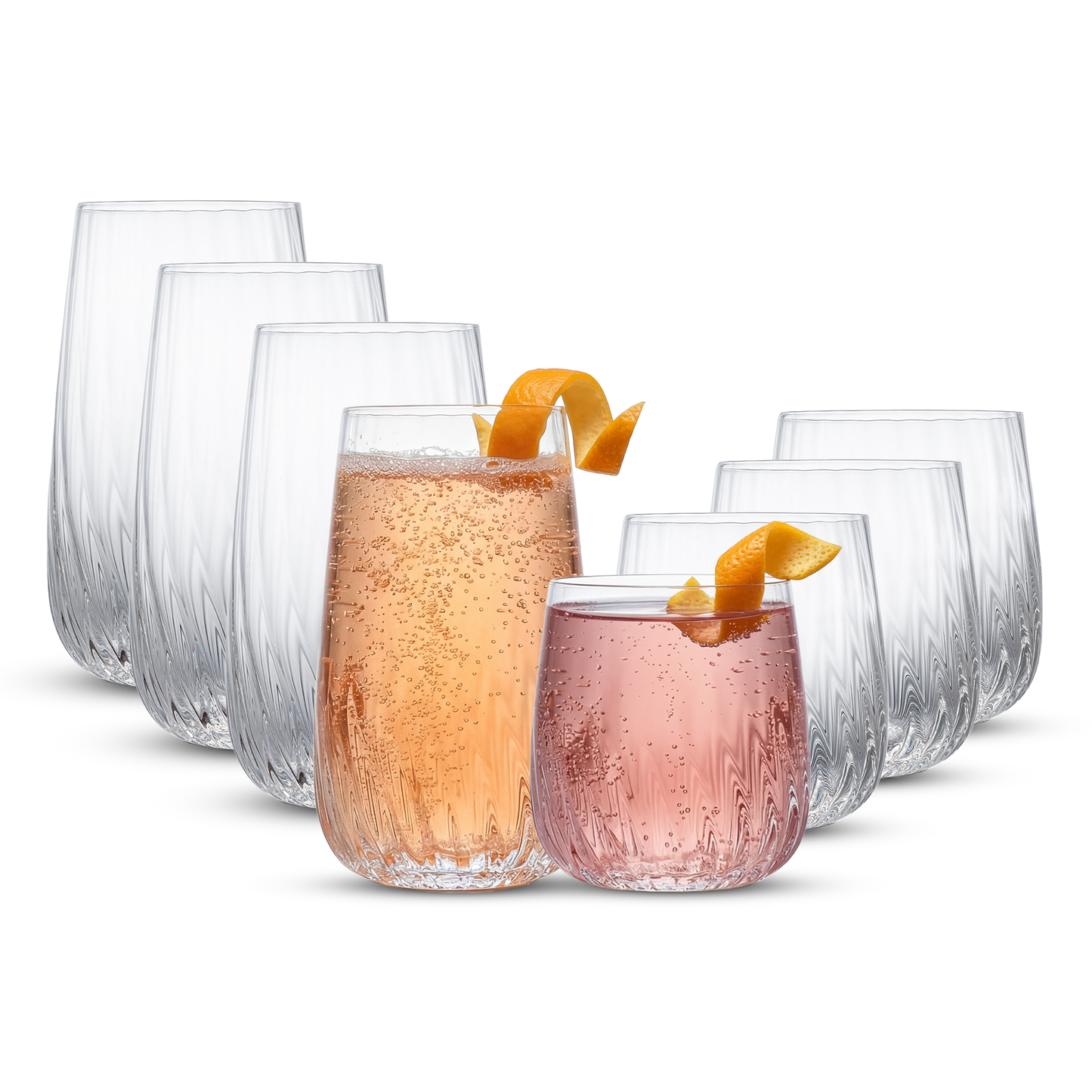 Six clear textured drinking glasses arranged in a fan shape on a white background, with two glasses in front filled with pink beverages and garnished with orange curls.