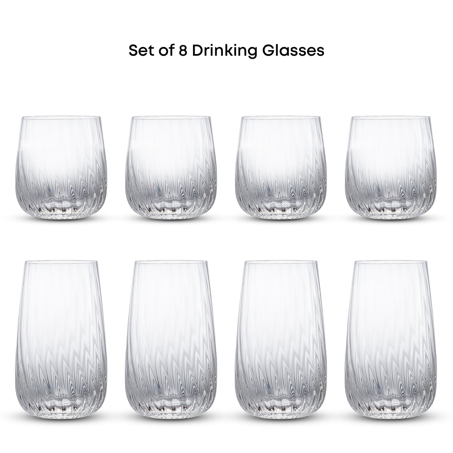 Set of 8 clear drinking glasses with a textured, wavy pattern, arranged in two rows of four on a white background with the text 'Set of 8 Drinking Glasses' at the top.