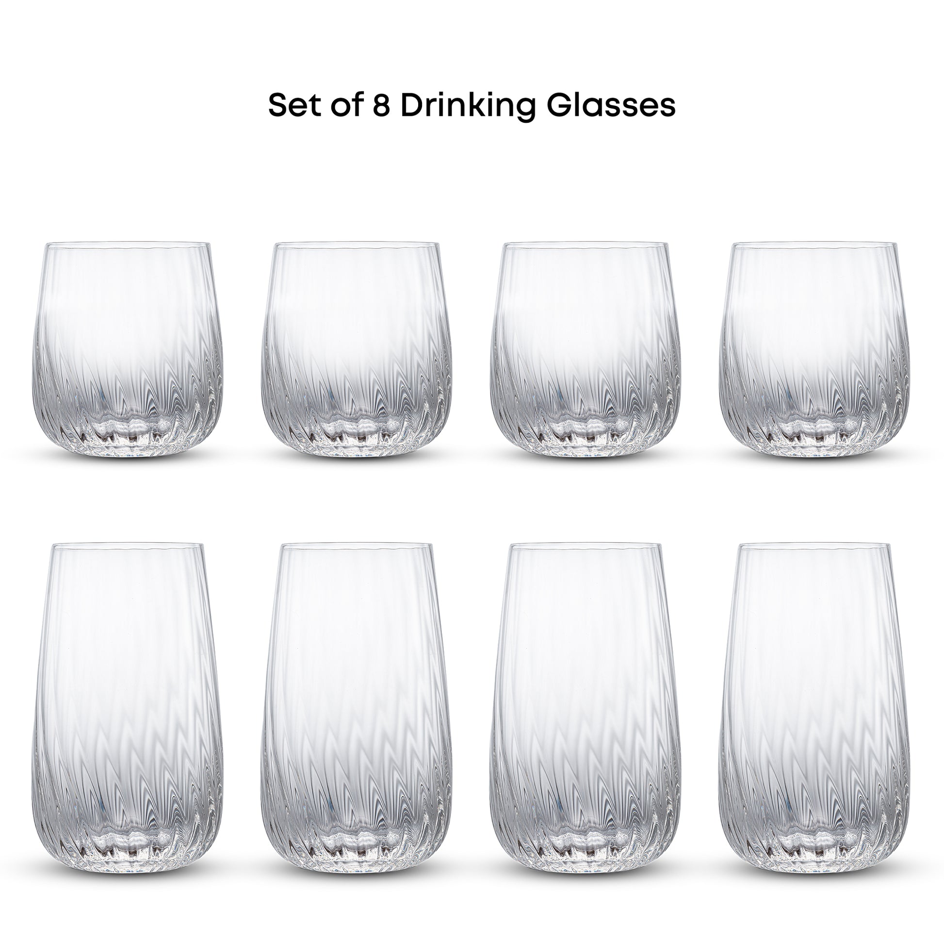 Set of 8 clear drinking glasses with a textured, wavy pattern, arranged in two rows of four on a white background with the text 'Set of 8 Drinking Glasses' at the top.