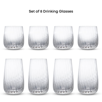 Set of 8 clear drinking glasses with a textured, wavy pattern, arranged in two rows of four on a white background with the text 'Set of 8 Drinking Glasses' at the top.