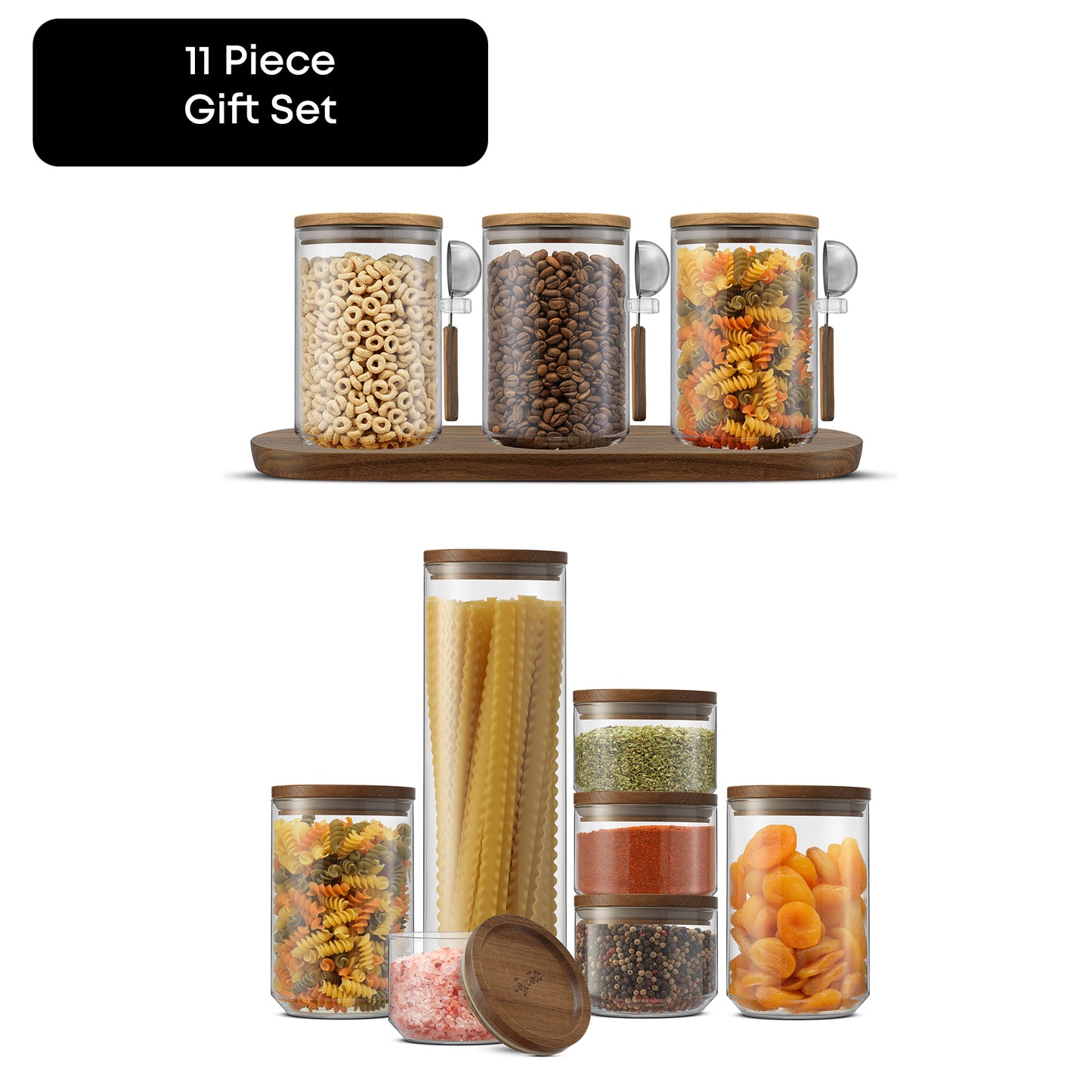 Set of 11 glass jars with wooden lids containing various food items on a white background.