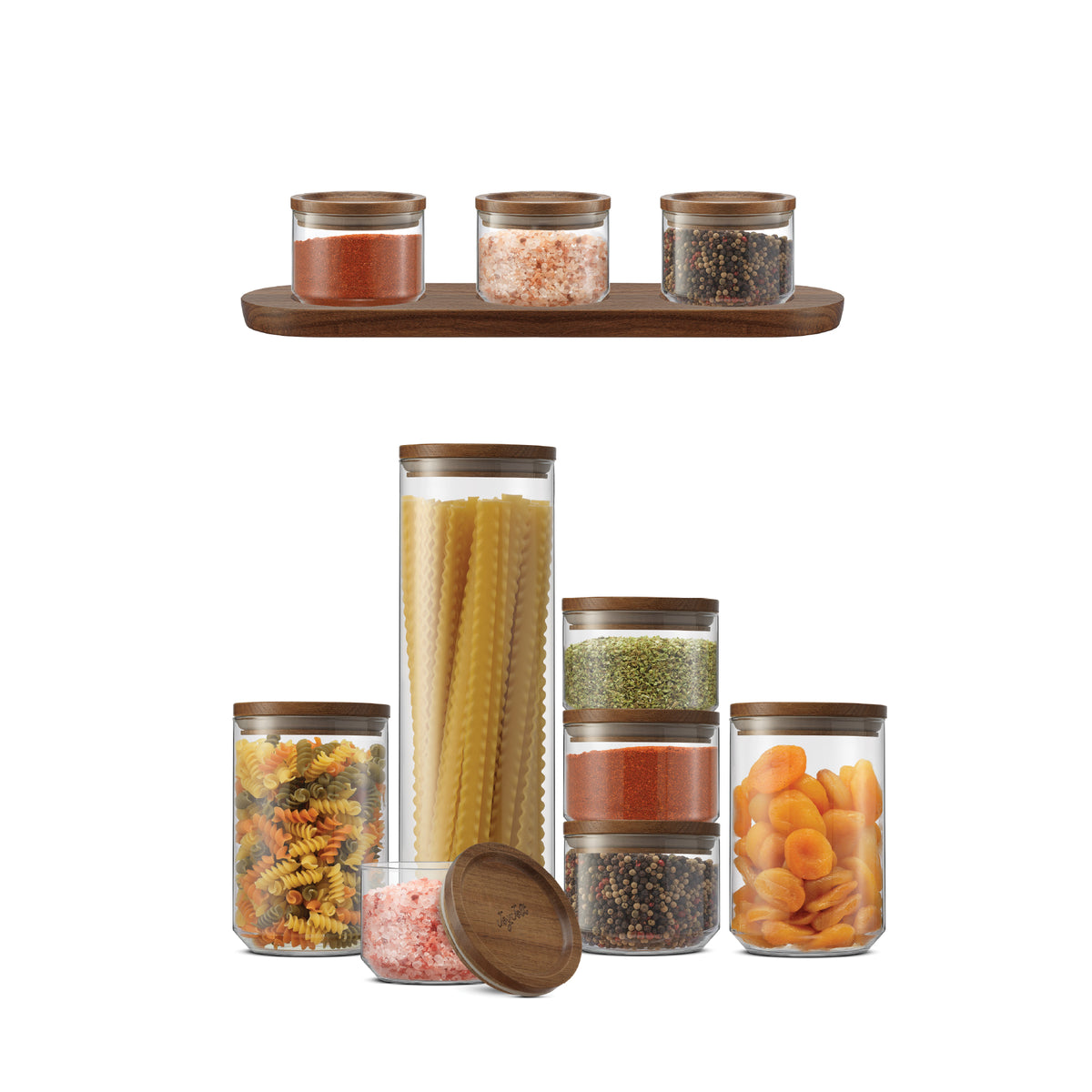 JoyJolt glass food storage jars with wooden lids in three sizes, displayed with pasta, spices, dried fruit, and a matching wooden tray.