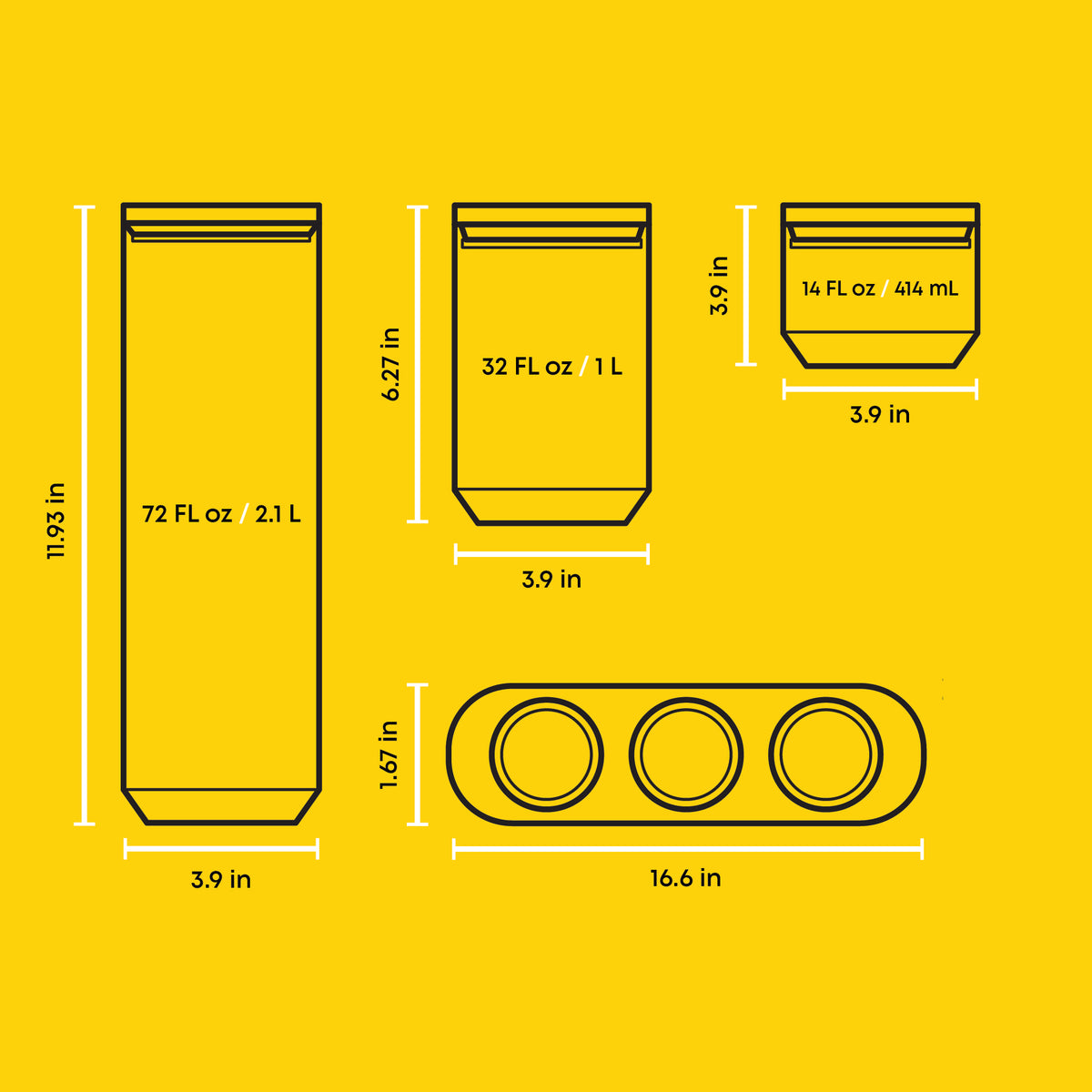 Glass food storage jar and wooden tray dimensions showing 72 oz, 32 oz, and 14 oz capacities with measurements in inches.