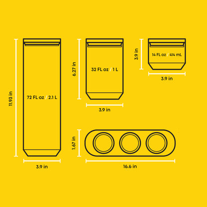 Glass food storage jar and wooden tray dimensions showing 72 oz, 32 oz, and 14 oz capacities with measurements in inches.