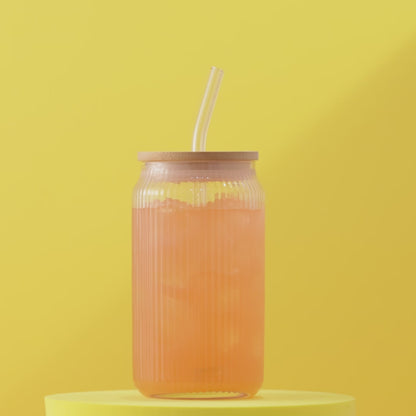 Fluted Glass Tumblers with Bamboo Lids and Straws