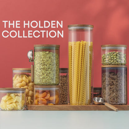 Holden Stackable Glass Storage Canister Set with Wood Lids and Tray