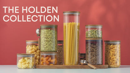 Holden Stackable Glass Storage Canister Set with Wood Lids and Tray