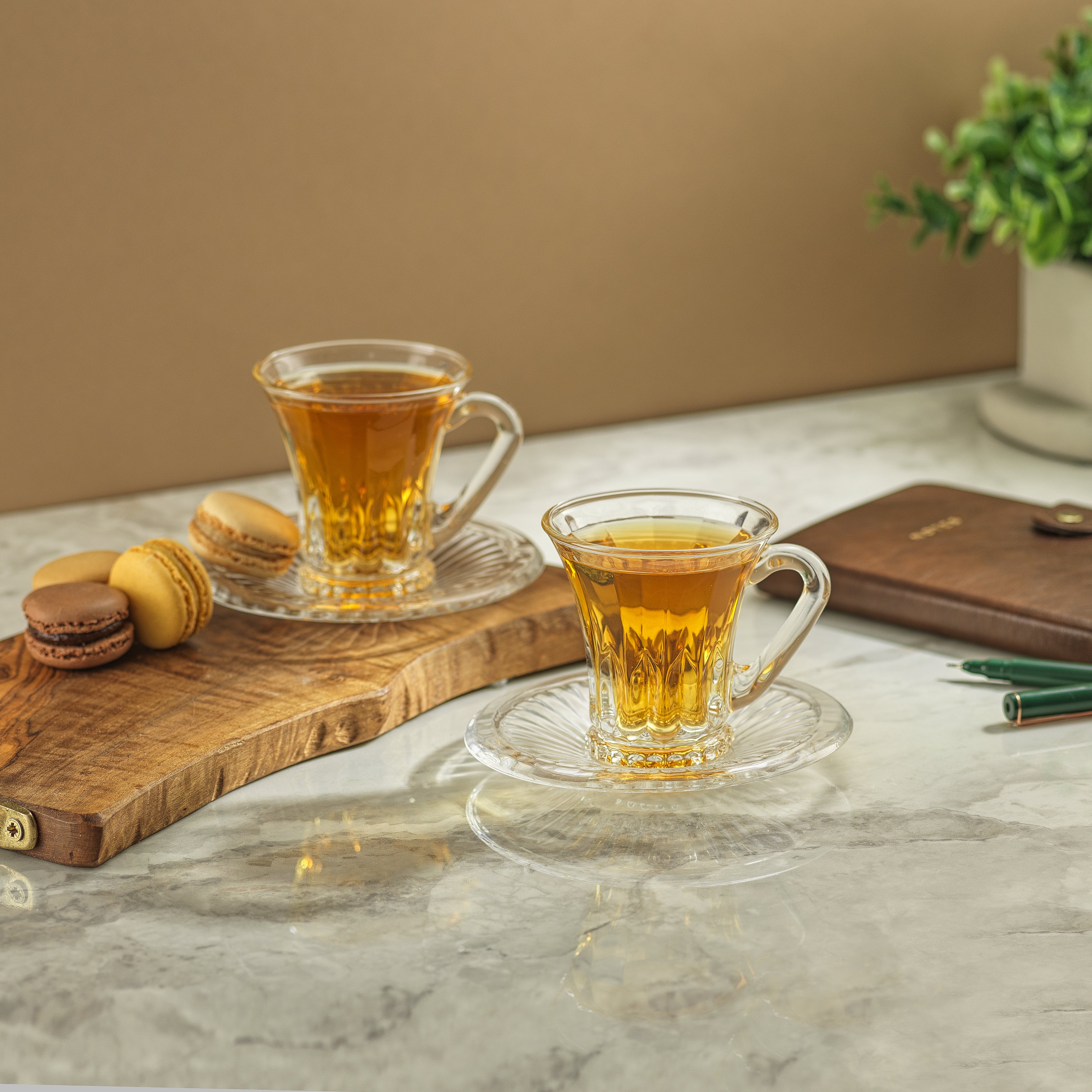Belle Glass Espresso Cups with Saucer Set - 3.5 oz - Set of 2