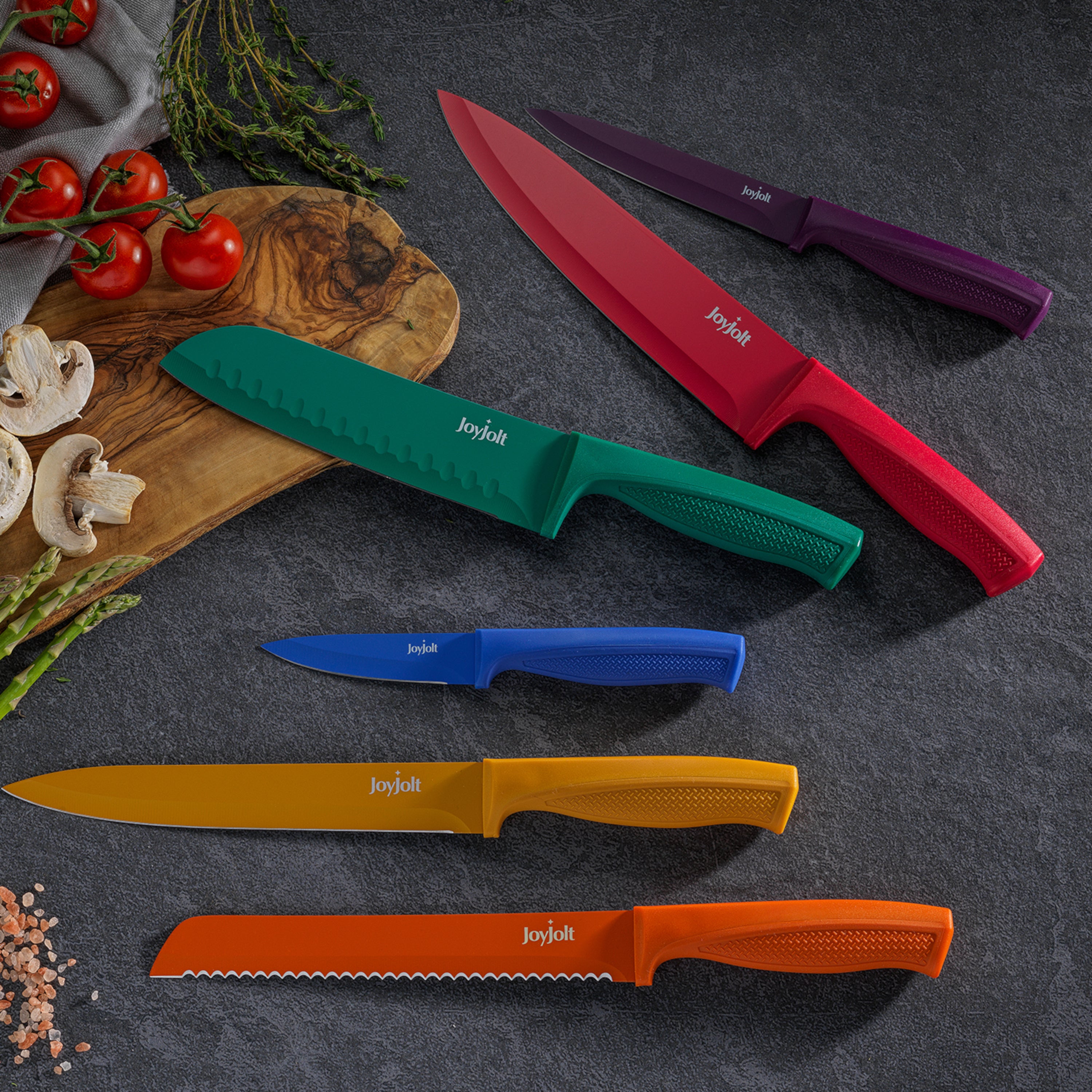 JoyJolt Multi Purpose 12 Piece Non-Stick Kitchen Knife Set - 6 Knives & 6 Blade Covers Set - Multi Colors
