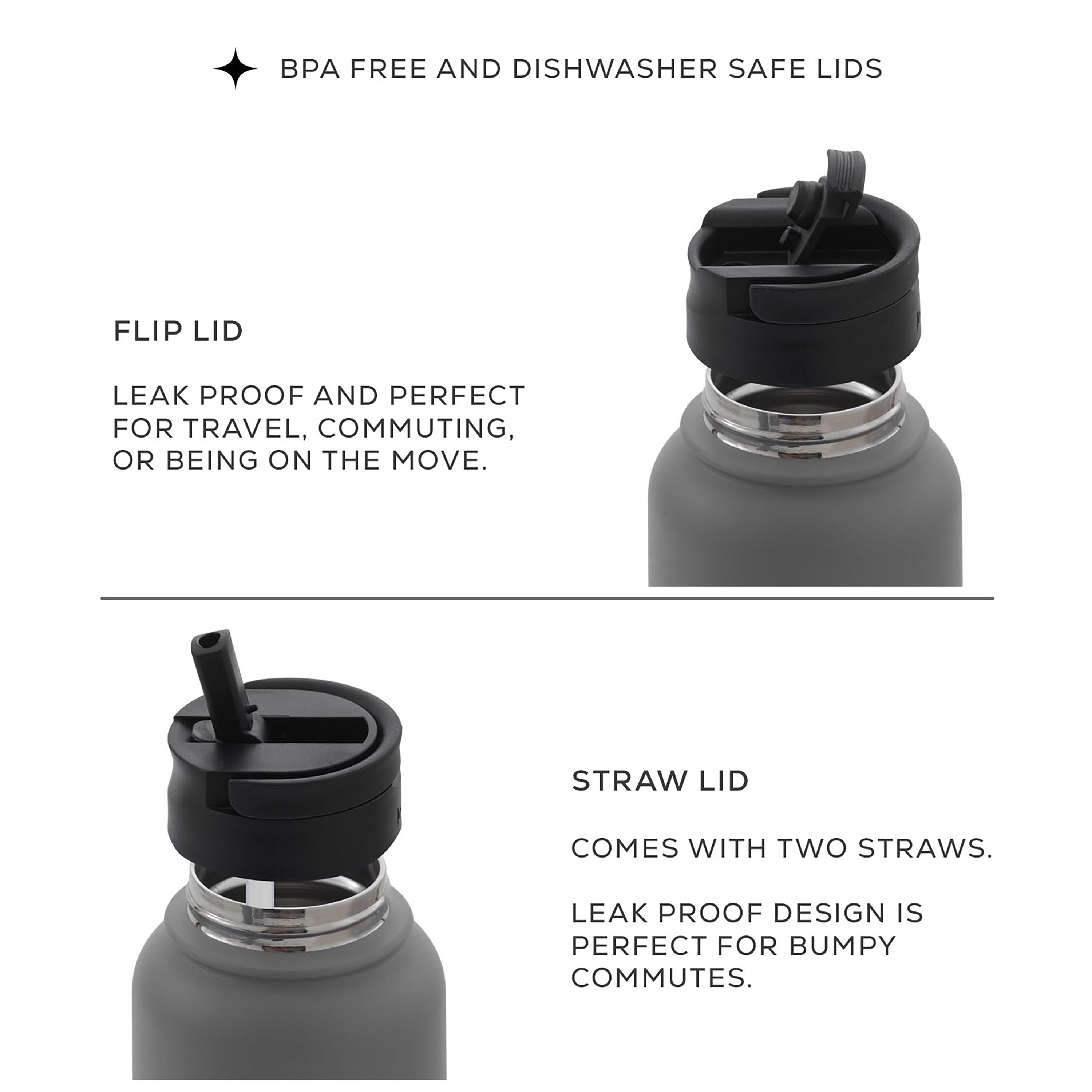 Stainless Steel Water Bottle with Flip Lid & Sport Straw Lid
